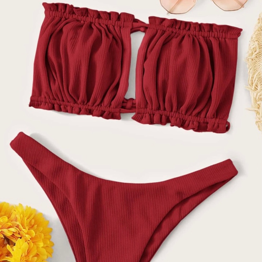 NEW Rib Ruched Bandeau High Cut Bikini Swimsuit